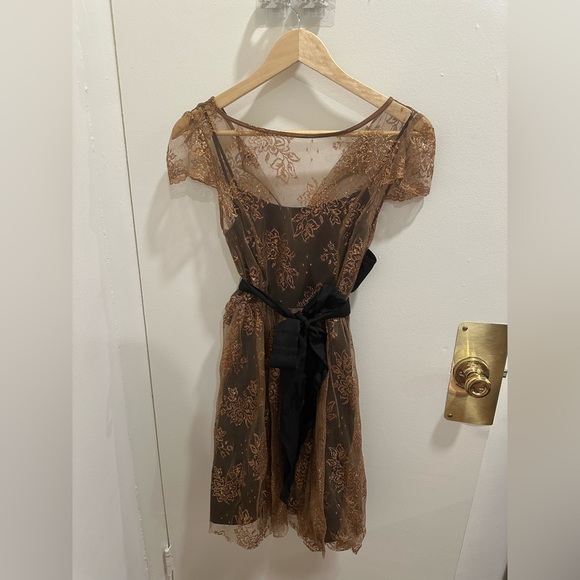 Moulinette Soeurs Brown Lace Mini Dress with Black Sash - Picture 1 of 3
